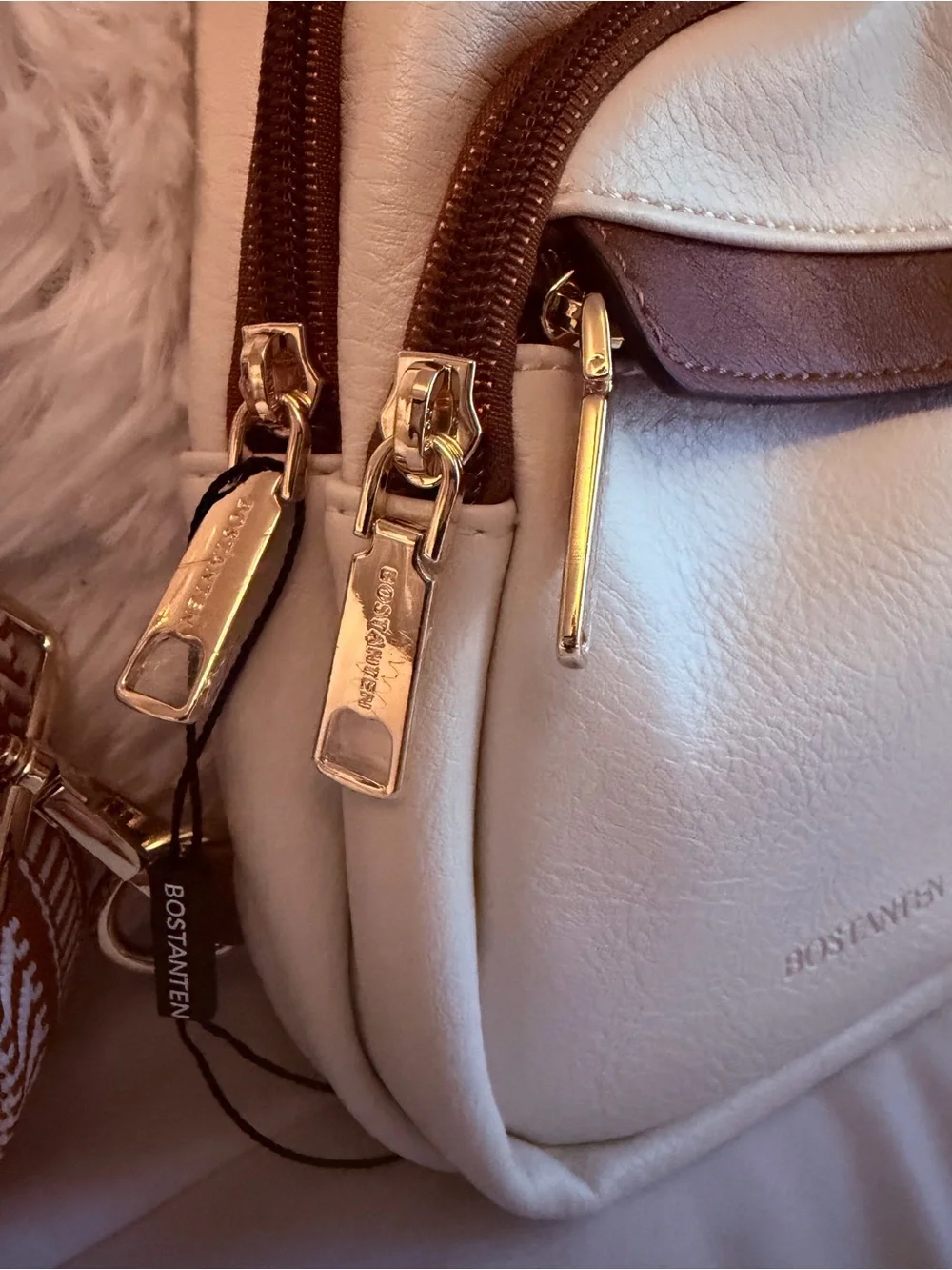 Bostanten Cream Crossbody Sling Bag with Brown Trim